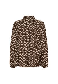 Brun og creme mønstret bluse med en løs pasform, lange ærmer og krave. Har et geometrisk blomsterdesign og plissering detalje på ryggen.