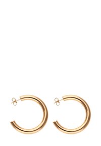 Cercei din metal de culoare aurie, cu un design gros și curbat și un finisaj lustruit. Prindere cu un știft și suport sigur.