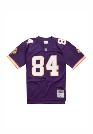 Purple Minnesota Vikings NFL jersey with number 84, Viking logo on sleeves, and Randy Moss name tag at the bottom.