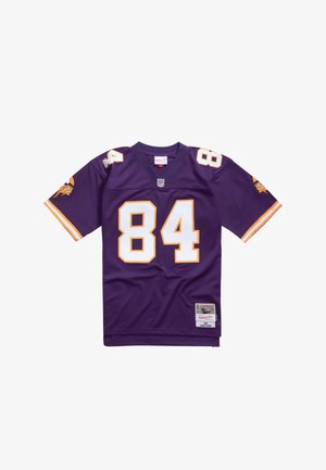 Purple Minnesota Vikings NFL jersey with number 84, Viking logo on sleeves, and Randy Moss name tag at the bottom.