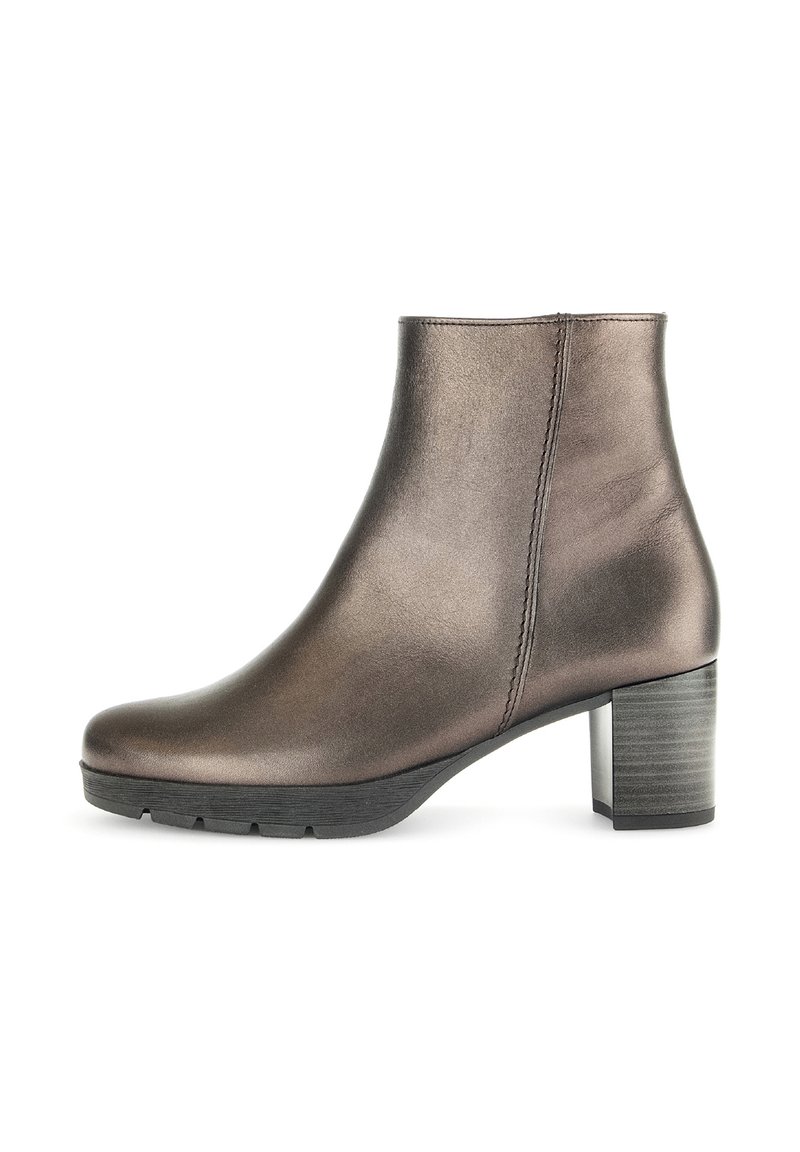 Metallic bronze ankle boot with a smooth texture, rounded toe, and a chunky black heel. Minimalist design with a side zipper detail.