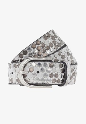 Silver leather belt adorned with metallic studs in varying shades, featuring a round metal buckle with a tang and a smooth texture.
