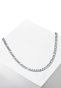 Silver metal chain necklace with oval links, featuring a smooth, shiny texture. The design is sturdy and even in link size.