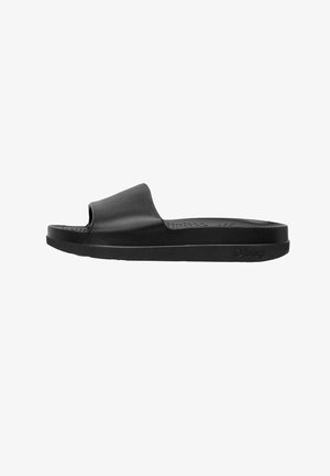 Black slide sandal with a wide, soft upper and a flat, textured sole. Designed for comfort and ease of wear, featuring minimalistic style.