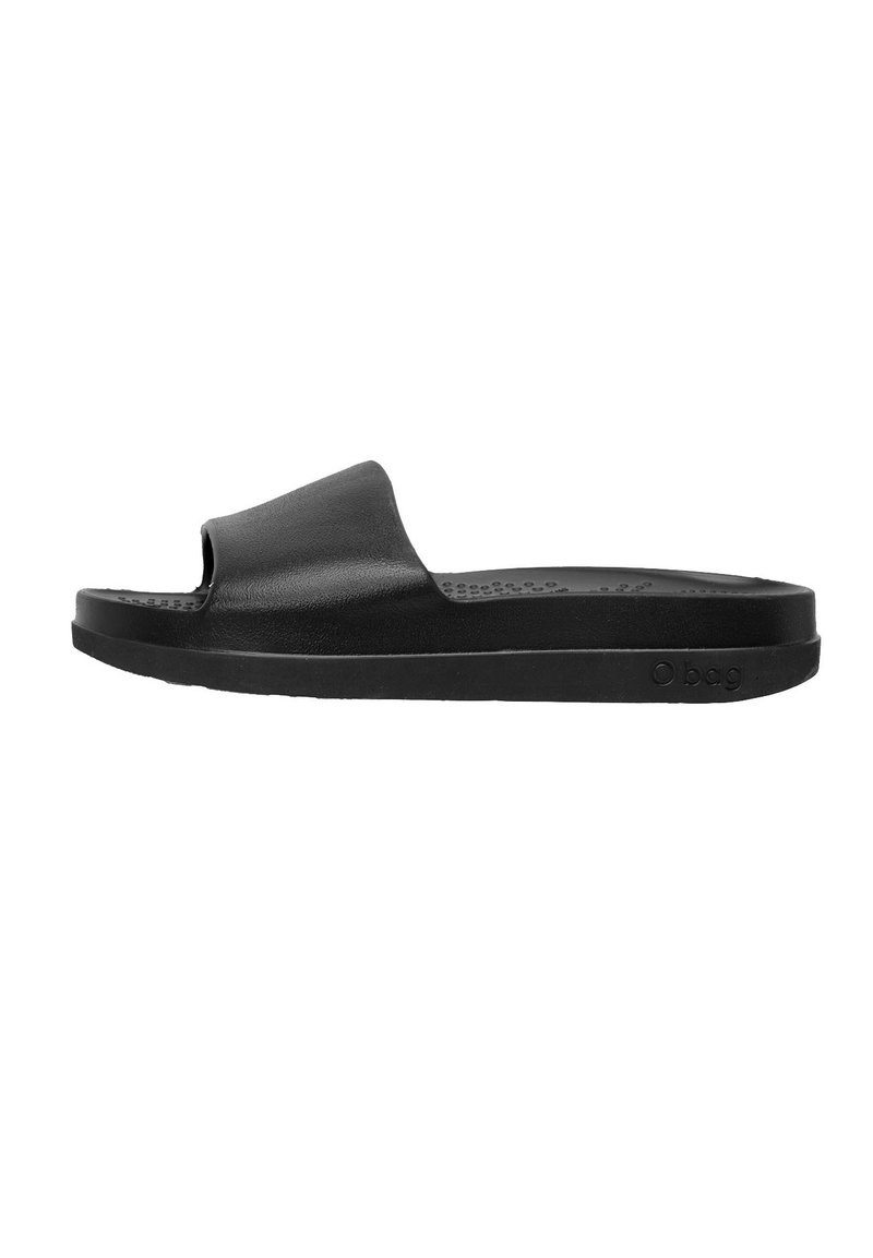 Svart halksandaler med en bred, mjuk ovandel och en platt, strukturerad sula. Designad för komfort och enkel användning, med en minimalistisk stil.