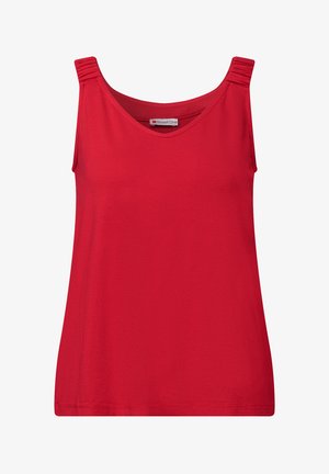 Haut sans manches rouge en tissu lisse. Présente un col rond et des détails froncés à l'épaule. L'ourlet est droit et simple.