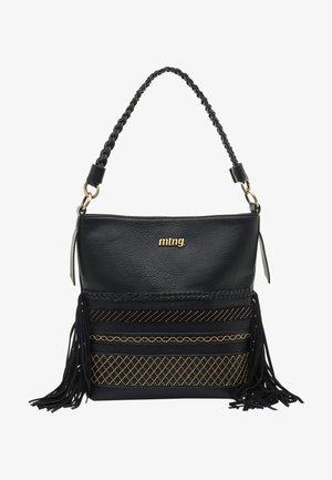 Sac à main en cuir noir avec anse tressée, logo doré, couture décorative dorée et longues franges noires de chaque côté.