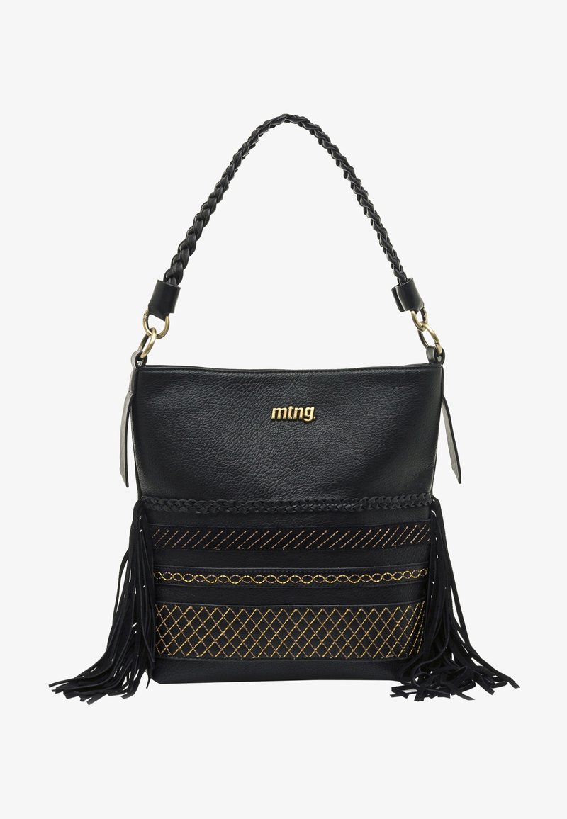 Sac à main en cuir noir avec anse tressée, logo doré, couture décorative dorée et longues franges noires de chaque côté.