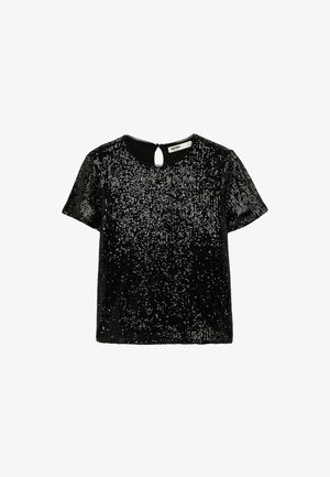 Zwarte top met korte mouwen, bezaaid met pailletten, voorzien van een ronde halslijn met een sleufopening aan de achterkant. Gelaagde, glinsterende afwerking.