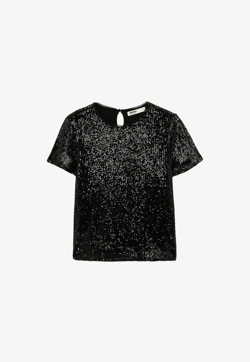 Czarny krótki rękaw, pokryty cekinami, z okrągłym dekoltem i otworem w kształcie łezki z tyłu. Teksturowane, połyskujące wykończenie.