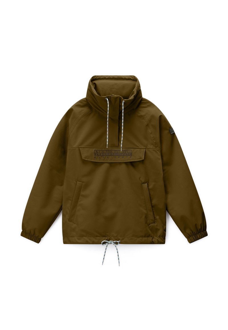 Olivengrøn anorakjakke med forlommet lomme, høj krave, snoretræk ved hals og kant, lange elastiske manchetter og diskret logo-patch på ærmet.