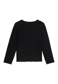 Schwarzer gerippter Pullover mit langen Ärmeln, rundem Ausschnitt und gewelltem Saum. Verfügt über ein figurbetontes Design und strukturierte Stoffqualität.