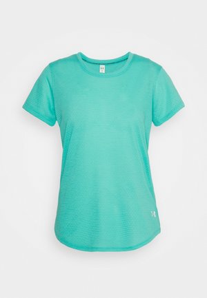 T-shirt de sport turquoise à manches courtes avec tissu texturé, col rond et petit logo blanc près de l'ourlet inférieur sur fond uni.