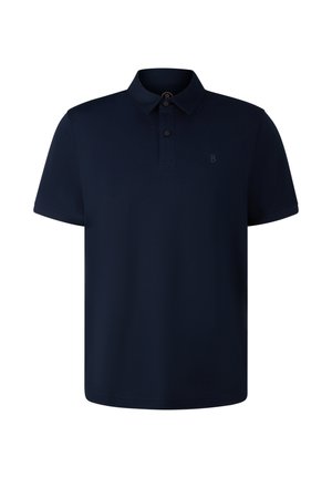 Marineblauw polo-shirt van gladde stof, met een kraag, een placket met twee knopen en een klein reliëflogo op de borst.