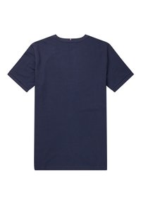 T-shirt blu navy a maniche corte realizzato in cotone, con scollo rotondo e design semplice. Nessun motivo o decorazione presente.