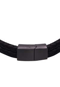 Black braided leather belt featuring a rectangular matte black metal buckle with a slight shine. The texture is smooth with woven pattern.