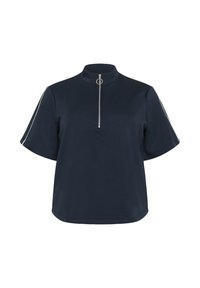 Navy short-sleeve top with a high collar and a front zipper. Features silver accents along the shoulders. Smooth fabric with a relaxed fit.