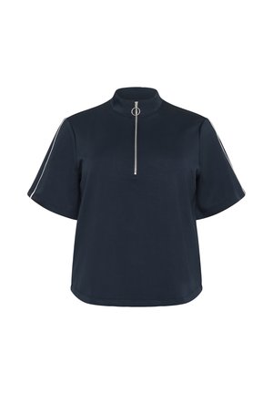 Navy short-sleeve top with a high collar and a front zipper. Features silver accents along the shoulders. Smooth fabric with a relaxed fit.