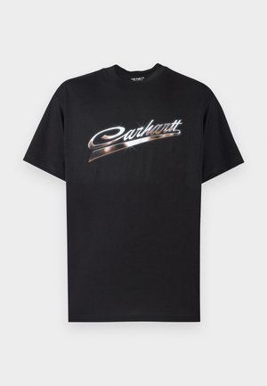 Camiseta de algodón negra con un logo brillante de "Carhartt" en letras plateadas estilizadas en el pecho, manga corta y cuello redondo.