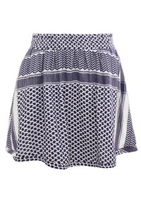 Falda de rayas en navy y blanco con cinturilla elástica. Presenta diseños geométricos y rayas horizontales, con forma acampanada y una textura suave.