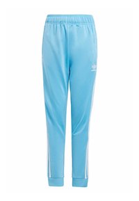 Pantalones deportivos de color azul claro hechos de una tela suave, con franjas laterales blancas y una cinturilla elástica para mayor comodidad y un ajuste entallado.