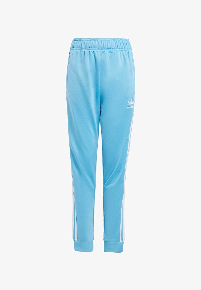 Pantalones deportivos de color azul claro hechos de una tela suave, con franjas laterales blancas y una cinturilla elástica para mayor comodidad y un ajuste entallado.