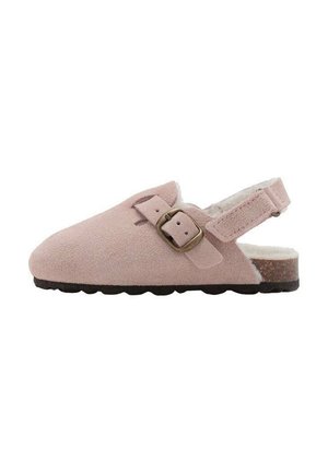 Roze suède klompen met een afgeronde neus, slingbackriem, verstelbare gesp en een zachte voering. Voorzien van een gestructureerde rubberen zool voor grip.