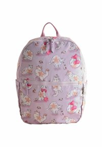 Lilafarbener Rucksack mit verspielten Katzenillustrationen, die eine Mischung aus verschiedenen Posen, Garnbällen und Bändern zeigen und einen fantasievollen Akzent setzen.