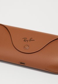 Brown leather Ray-Ban case with a curved flap design, featuring a magnetic closure and a USB-C port at the bottom.