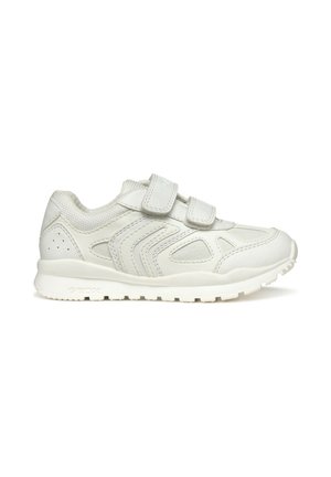 Zapatilla deportiva blanca que presenta una combinación de materiales sintéticos lisos y texturizados, con dos correas de velcro ajustables y detalles perforados.