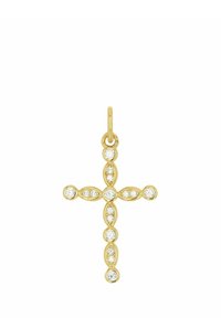 Guldkors hänge med runda klara stenar placerade i oval form längs armarna, med en slät polerad yta och en ögla för upphängning.