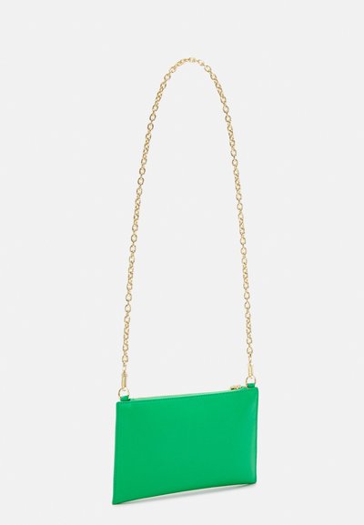 Green leather clutch bag with a gold chain strap, rectangular shape, smooth texture, and a zip closure.