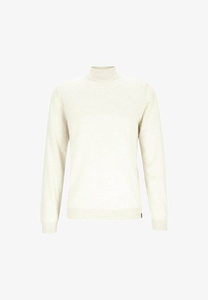 Crème kleurige turtleneck trui met lange mouwen en ribgebreide manchetten en zoom, weergegeven tegen een effen witte achtergrond.