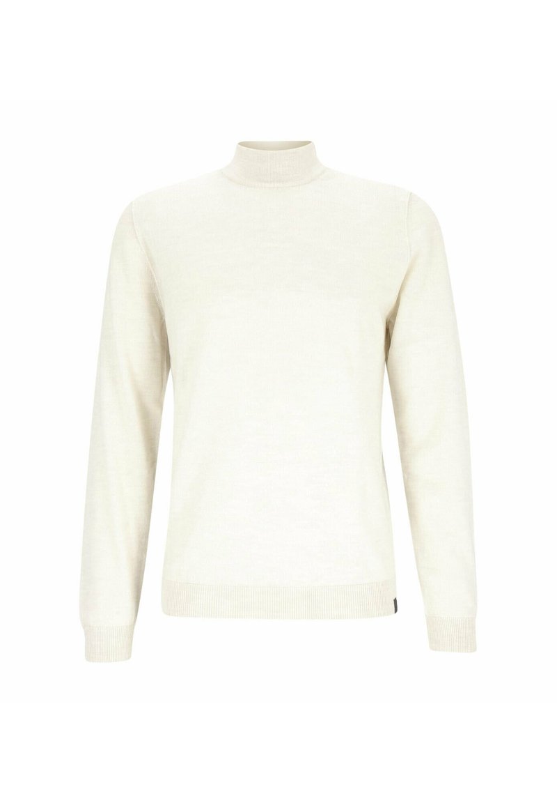 Cream-colored long-sleeve turtleneck sweater with ribbed cuffs and hem, shown on a plain white background.