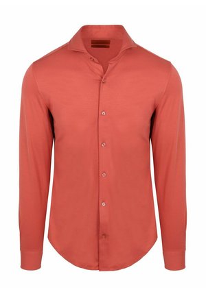 Langärmliges Herrenhemd mit Knopfleiste in einfarbigem Korallenrot, klassischem Kragen und mit Knöpfen versehene Manschetten.
