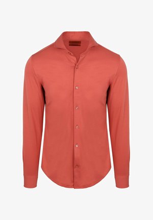 Langärmliges Herrenhemd mit Knopfleiste in einfarbigem Korallenrot, klassischem Kragen und mit Knöpfen versehene Manschetten.