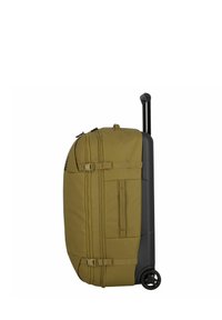Runder Duffelbag aus olivgrünem Stoff mit schwarzem Kunststoffboden. Verfügt über Seitenhenkel, Reißverschlüsse und verstellbare Gurte für einen sicheren Verschluss.