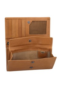 Braune Lederbrieftasche geöffnet, zeigt Kartenfächer, einen transparenten Ausweisabschnitt und ein Fach mit einer einzelnen Münze darin.