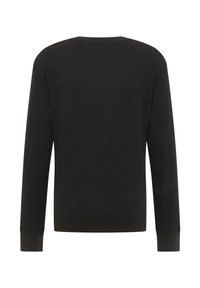 Melnā garām piedurknēm krekls ar ribotu tekstūru, apaļu kakla izgriezumu un piegulošiem apročiem. Mugurpuse ir gluda bez papildu detaļām.