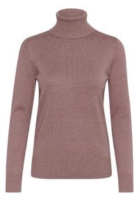 Licht mauve coltrui van zacht gebreid materiaal. Heeft lange mouwen en ribbelaccenten bij de kraag en manchetten. Geen patronen.