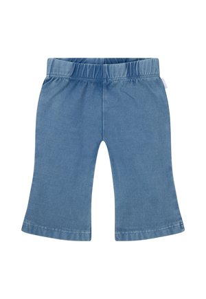 Niebieskie spodnie dla malucha z elastycznym pasem i szerokimi nogawkami, wykonane z miękkiego denimu.