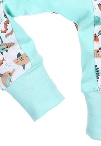 Light blue cotton sweatshirt with contrasting patterned sleeves featuring animals and nature motifs in soft colors and playful designs.