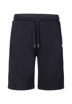 Black knee-length shorts with elastic waistband and drawstring, featuring a small white logo on the right thigh.