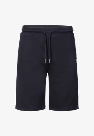 Czarne szorty do kolan z elastycznym paskiem w talii i sznurkiem, z małym białym logo na prawym udzie.