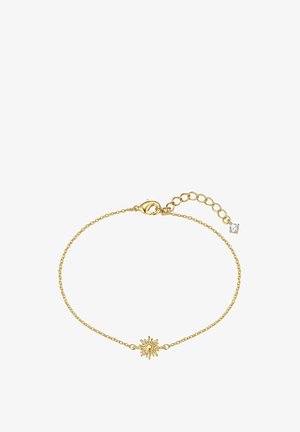 Braccialetto delicato con catena in oro, con un ciondolo a forma di sole al centro e una chiusura regolabile con una piccola pietra preziosa trasparente.