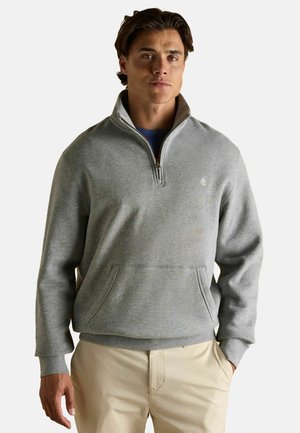Gray zip-up sweatshirt with a kangaroo pocket, ribbed cuffs, and hem. Features a small embroidered logo on the chest.