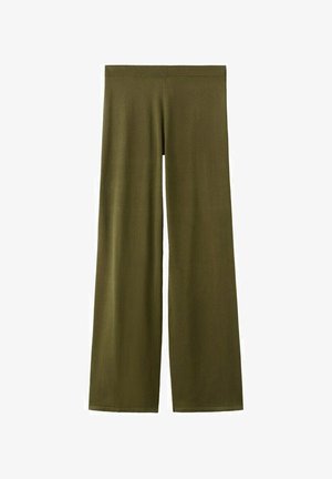 Pantalones de pierna ancha de color verde oliva con textura suave y cintura elástica, mostrados extendidos sobre un fondo blanco.