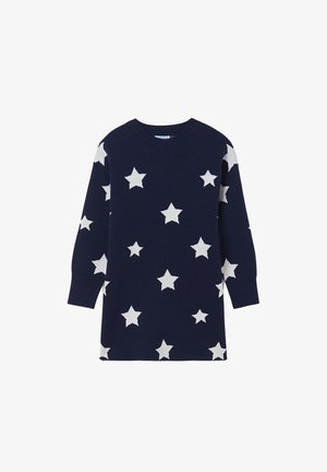 Robe pull à manches longues bleu marine avec un motif d'étoiles blanches réparti uniformément sur le devant, les manches et l'ourlet.