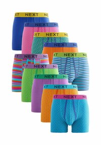Boxers pour hommes colorés disposés en pile, présentant différents motifs et couleurs. Bandes élastiques étiquetées "NEXT" dans des teintes contrastantes.
