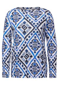 Dlouhý rukáv top v bílé látce s modro-černým geometrickým diamantovým vzorem, s kulatým výstřihem a slim-fit designem.